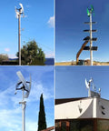 12000W Noiseless Vertical Axis Wind Turbine Generator with MPPT Controller installed on a roof and pole in different settings