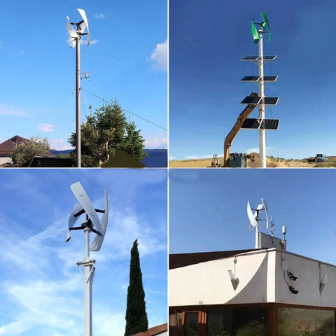 12000W Noiseless Vertical Axis Wind Turbine Generator with MPPT Controller installed on a roof and pole in different settings