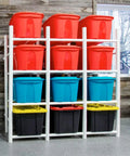Heavy Duty Wall Mount Steel Shelving Rack With 12 Tote Bin Slots For Garage Storage displaying colorful bins.