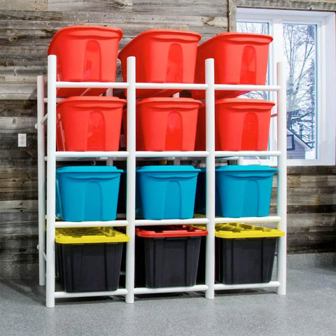 Heavy Duty Wall Mount Steel Shelving Rack With 12 Tote Bin Slots For Garage Storage displaying colorful bins.
