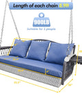 Wicker Porch Swing Three Seat Heavy Duty Outdoor Patio Chair With Cushions And 8.9 Ft Chains Upgraded Cup Holders shown in dimensions