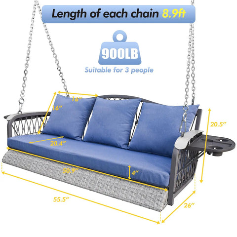 Wicker Porch Swing Three Seat Heavy Duty Outdoor Patio Chair With Cushions And 8.9 Ft Chains Upgraded Cup Holders shown in dimensions