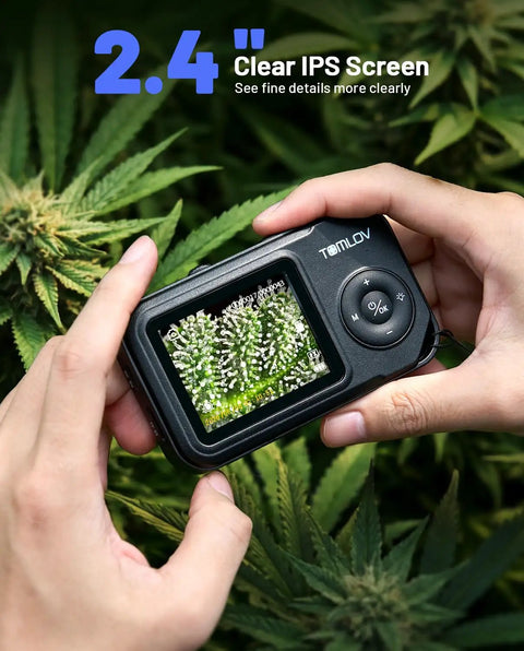 Portable Handheld Digital Microscope With Adjustable Focus And Two Point Four Inch IPS Screen For Close Up Inspections Of Coins Stamps Gems Jewelry Fabrics Rocks Circuit Boards Watch Parts And Plant Details on cannabis leaves