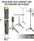 Compact Voyager light stand in folded, mid-extension, and full-extension views with height and weight details.
