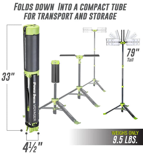 Compact Voyager light stand in folded, mid-extension, and full-extension views with height and weight details.