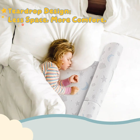Child sleeping next to cozy foam bed rail bumpers for toddlers with semi teardrop design and non slip grip, in themed bedding.