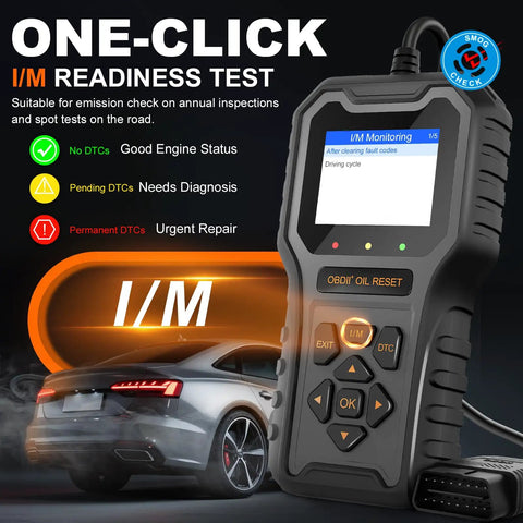 OBD2 Car Code Reader And Oil Light Reset Scanner For 1996 And Up Cars displaying I/M Readiness test interface.
