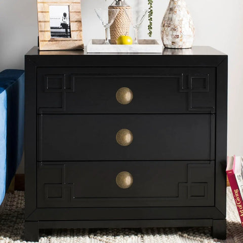 Black dresser featuring 32 Piece Antique Brass Cabinet Knobs Set For Cabinets And Drawers, Round Single Hole.