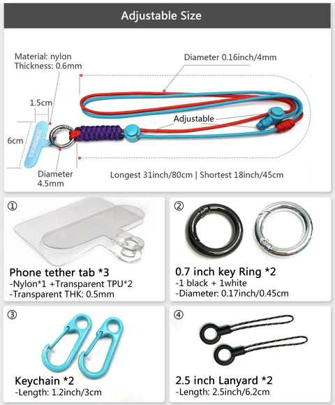 Top Shelf Adjustable Cell Phone Lanyard With Comfy Neck And Wrist Strap, Crossbody Phone Holder For Keys And Id Badges, Hassle Free Braided Cord In Classic Red And Blue, showing adjustable length options and accessories.