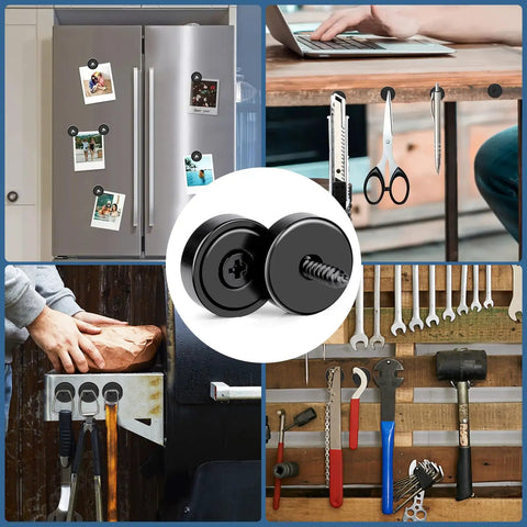 Powerful 40 Lb Neodymium Round Cup Magnets With Countersunk Holes For Wall Mounting Includes Screws Beefy Heavy Duty Industrial Black Magnets 12 Pack Ideal For Tool Organization And Garage Storage used on fridge and workstations.