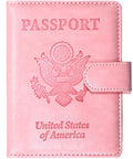 Level Up Your Vacation Vibe With This Sleek RFID Blocking Passport Holder in pink with embossed US emblem and magnetic closure.