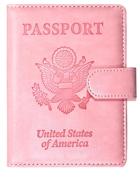 Level Up Your Vacation Vibe With This Sleek RFID Blocking Passport Holder in pink with embossed US emblem and magnetic closure.