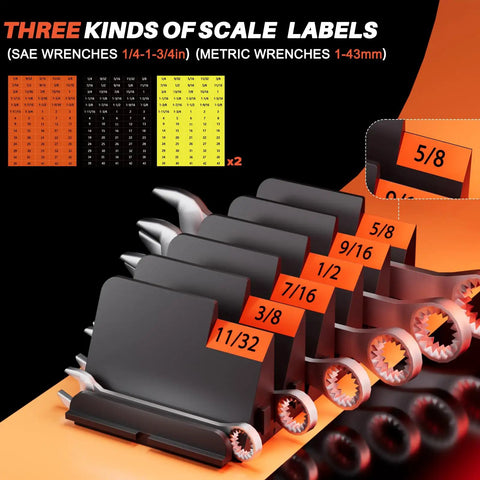 64 Piece Modular Wrench Organizer Set For Tool Drawers With Customizable Grid And Metric SAE Labeling, Black close-up view