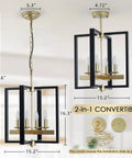 Industrial Lantern Chandelier With Four Lights, Modern Geometric Semi Flush Mount Ceiling Light in Black and Champagne Gold