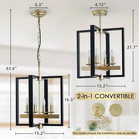 Industrial Lantern Chandelier With Four Lights, Modern Geometric Semi Flush Mount Ceiling Light in Black and Champagne Gold