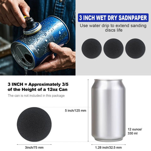 Three 3-inch black wet/dry sanding discs with hook-and-loop backing for drill use.