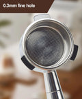 Front view: Bottomless 54 mm espresso portafilter with puck screen, 3-ear, stainless steel body and rosewood handle