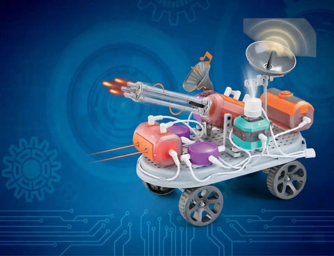 Hands On STEM Electronics Kit For Kids, Kid Friendly With 110 Projects And 210 Circuit Parts, Open Ended Circuit Building Toy For Boys And Girls Ages 5 To 13 Real World Engineering Fun That Sparks Curiosity Creativity And Problem Solving. kit-built wheeled robot with lights and speaker