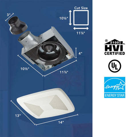 LoProfile 4 Inch Bathroom Ventilation Fan With ENERGY STAR Certification showing dimensions and grille, galvanized steel housing