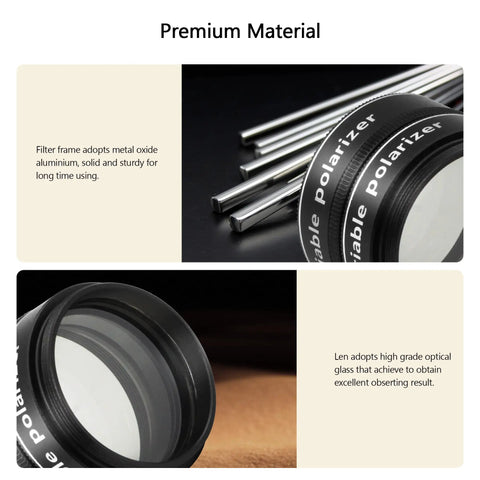 Close-up of One And A Quarter Inch Variable Grey Polarizing Telescope Filter For Astronomy With Aluminium Frame and Optical Glass