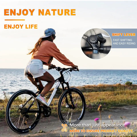 Cyclist riding bike by the sea with highlighted 7 Speed Right Thumb Shift Lever For Mountain City Road And Folding Bikes.