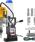 Beefy Magnetic Drill Press 1100W With 1.6 Inch Boring Diameter 580 RPM Max 2697lbf 12000N Tough Metal Drilling Power Portable Electric Mag Drill With 7 Bit Set Perfect For Steelwork Home Improvement And Shop Projects displayed with bits