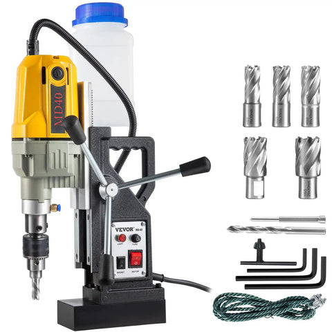 Beefy Magnetic Drill Press 1100W With 1.6 Inch Boring Diameter 580 RPM Max 2697lbf 12000N Tough Metal Drilling Power Portable Electric Mag Drill With 7 Bit Set Perfect For Steelwork Home Improvement And Shop Projects displayed with bits