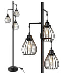 Industrial Tree Floor Lamp With Three Teardrop Cage Heads And ST58 Edison LED Bulbs, tall vintage pole light shown with bulbs on