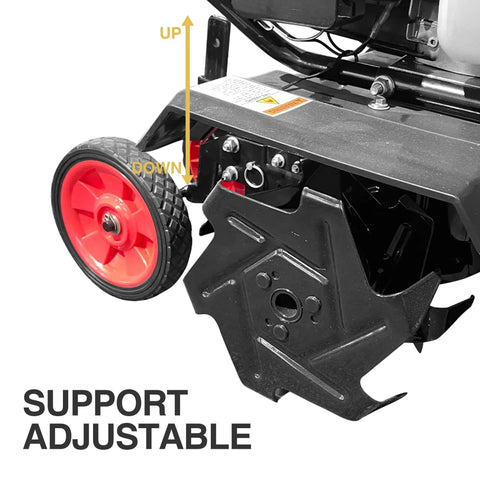Upgraded 40cc 4 Cycle Tiller Mini Cultivator With 6 Forged Steel Tines Vertical Shaft Engine showing adjustable support detail