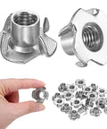 20 Pack 3/8 Inch Thread Stainless Steel Tee Nuts With Killer Grip And Heavy Duty Build For Wood And Furniture Diy Projects Rock Solid Corrosion Resistant 4 Pronged Threaded Inserts in hand and scattered