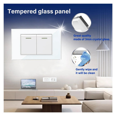 Premium White Tempered Glass Wall Socket With Rock Solid Build And Straight Up Hassle Free Install Plus Killer USB Type C Fast Charging For Israel Standard Home Wiring, featuring a 3mm crystal glass panel.