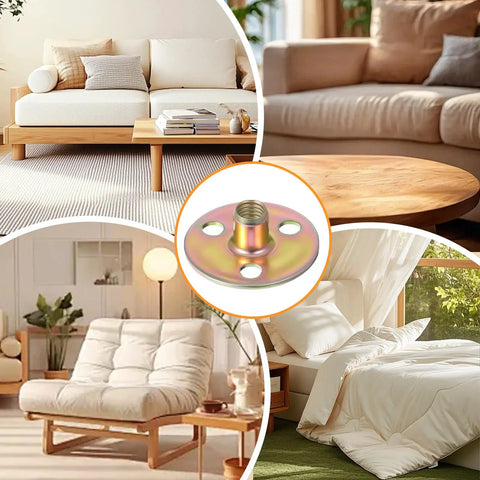 Solid As A Rock Furniture Leg Mounting Plates 4 Pack Fixes Wobbly Sofa Chair And Cabinet Feet No Sweat Diy Repair Kit With All Necessary Screws Included, steel mounting plate showcased with various furniture.