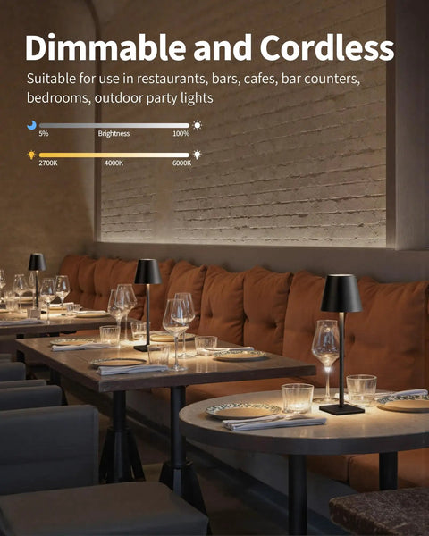2 Pack Cordless LED Desk Lamp Portable Table Light With 5000mAh Battery in a dimly lit restaurant setting with tables and chairs