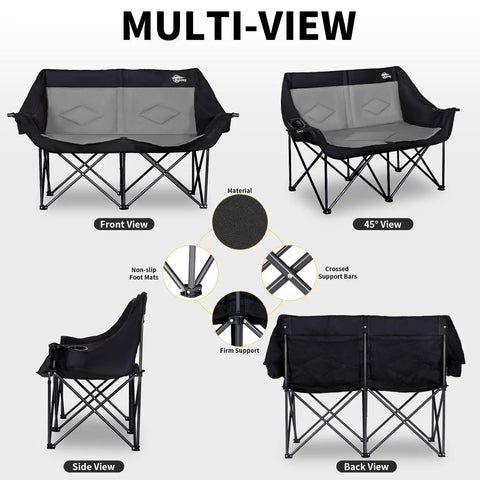 Multi-view of Two Person Camping Chair Loveseat Heavy Duty Double Folding Camp Couch for Adults with support details and angles