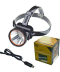 Ultra Bright LED Rechargeable Headlamp With Adjustable 0 To 45 Degree Beam See Up To 500 Yards Long Lasting Battery shown with box and charger