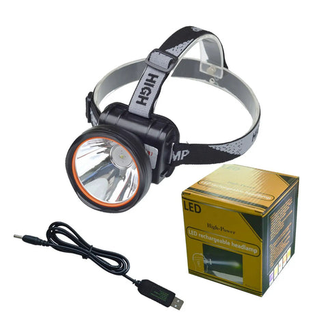 Ultra Bright LED Rechargeable Headlamp With Adjustable 0 To 45 Degree Beam See Up To 500 Yards Long Lasting Battery shown with box and charger