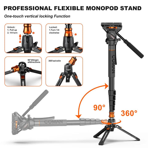 Lightweight Aluminum Video Camera Monopod With Feet For Travel Extends From 26 Inches Folded To 73 Inches, Supports Up To 22 Lbs