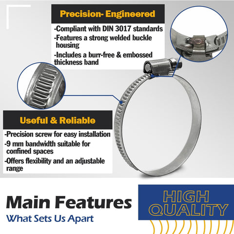 Versatile Eleven-Size Embossed Worm Gear Hose Clamp Set In 304 Stainless Steel Do-It-All Adjustable Five Sixteenth To Two And Three Eighths Inch Eight To Sixty Millimeter Great For Plumbing Automotive And Mechanical Projects