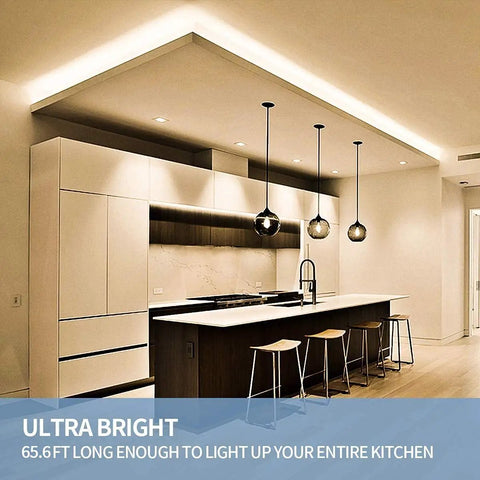 65.6ft Warm White LED Strip Lights Kit With Dimmable 24V Power Supply illuminating modern kitchen ceiling