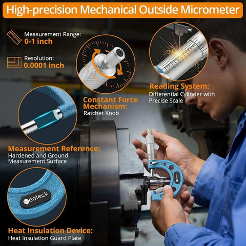 Person using Pro Grade 0 To 1 Inch Outside Micrometer With 0.0001 Inch Resolution Carbide Tipped Anvils for precision measurement.