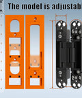 Heavy Duty Hidden Door Hinges With Mold Pack Of Two Slick Concealed Pivot Hardware For Secret Bookcase And Cabinetry Doors Featuring Buttery Smooth Silent Rotation And Three Way Adjustable Side Mount Design For Diy Building Projects showing orange adjustable template and black hinges.