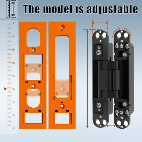 Heavy Duty Hidden Door Hinges With Mold Pack Of Two Slick Concealed Pivot Hardware For Secret Bookcase And Cabinetry Doors Featuring Buttery Smooth Silent Rotation And Three Way Adjustable Side Mount Design For Diy Building Projects showing orange adjustable template and black hinges.