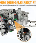 Front view of CVT valve body with step motor; features green connectors and a close-up of the motor shaft.