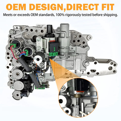 Front view of CVT valve body with step motor; features green connectors and a close-up of the motor shaft.