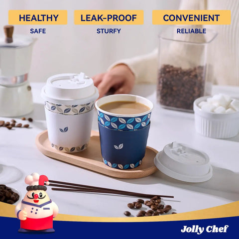 Two Color Leaf Design 10 Oz Disposable Coffee Cups With Lids Sleeves And Stirrers 100 Pack Value Set For Home Office Cafe Blue Leaf And Grey Leaf Prints Includes White Lids And Accessories shown on a wooden tray