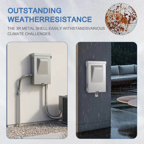 Heavy Duty 60 Amp Non Fused Disconnect Switch Box Weatherproof Nema 3R Outdoor Electrical Panel mounted on wall in rain