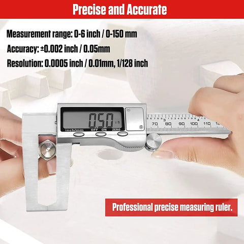 Digital Brake Rotor Caliper Measuring Tool 6 Inch With Inch And Millimeter Conversion, LCD screen, stainless steel.