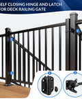 Self-Closing Gate Hinges With Latch, Durable Galvanized Steel Outdoor Hardware Kit for deck, patio, porch, and yard gates shown