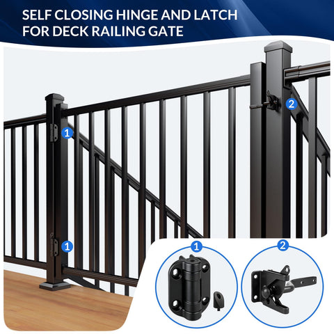 Self-Closing Gate Hinges With Latch, Durable Galvanized Steel Outdoor Hardware Kit for deck, patio, porch, and yard gates shown