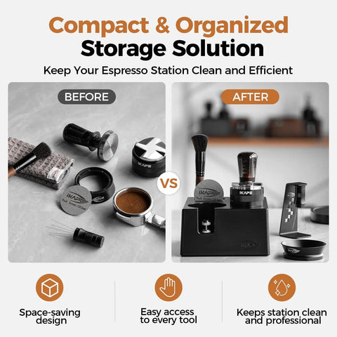 Before and after comparison of espresso toolkit organization, featuring Solid Gold 58 Mm Espresso Toolkit Designed For Home Baristas.